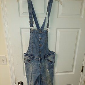 Tinseltown Denim Couture Bib Overalls Button Front Distressed Pockets XL
